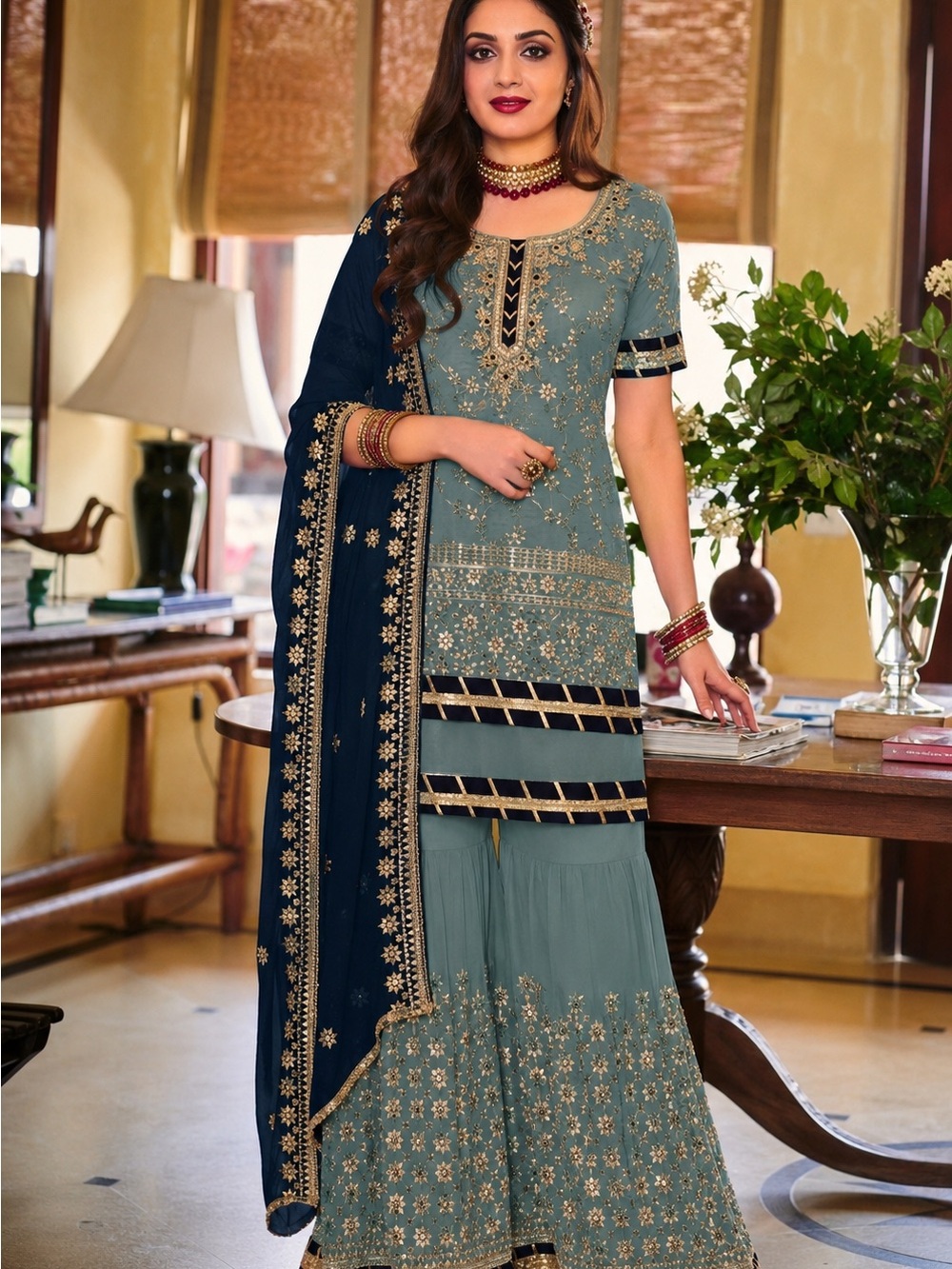 Teal Embroidered Sharara Set with Navy Dupatta